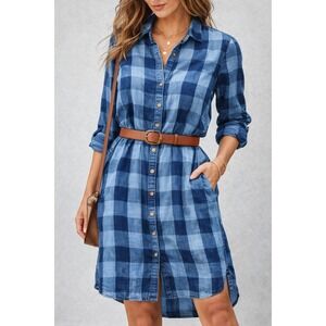 Billy T Blue Buffalo‎ Plaid Lyocell Button Down Shirt Dress Long Duster Size S
